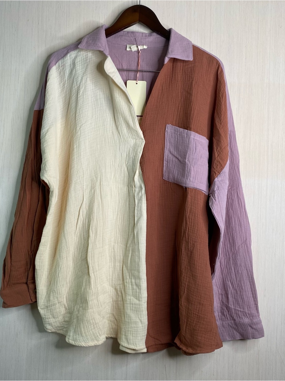 NWT Entro Colorblock Long-Sleeve Cotton Gauze V-Neck Button Back Shirt  XL